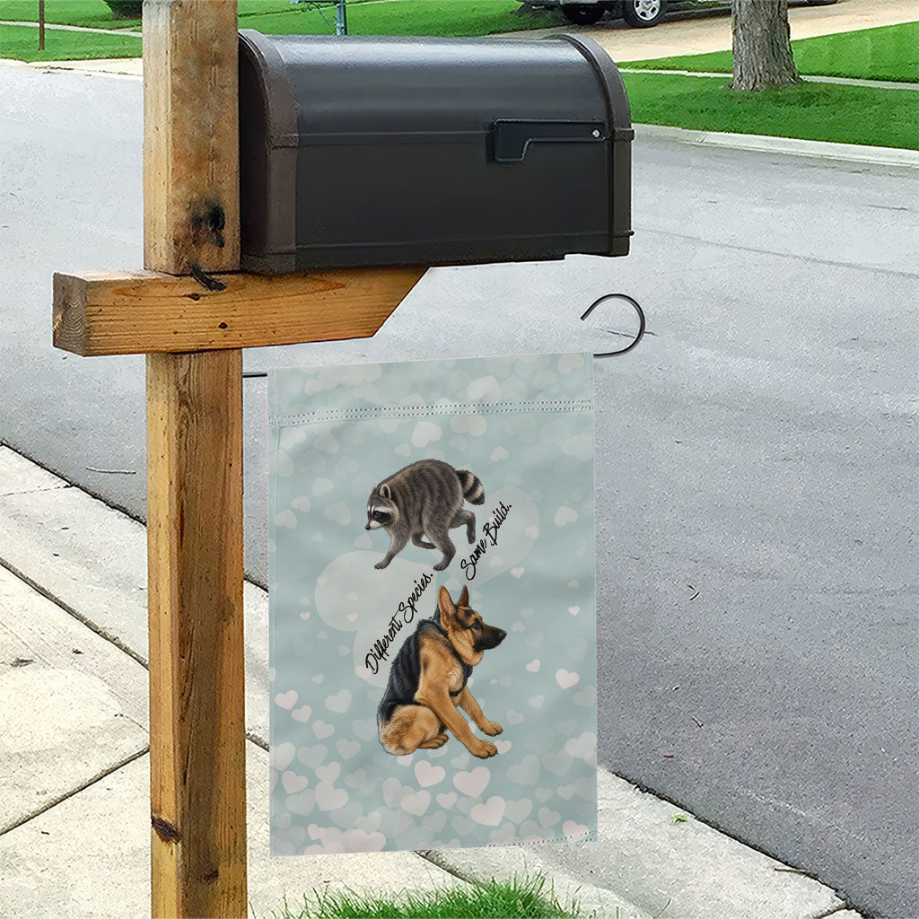 Jimothy The Raccoon And Dogs Garden Flag Different Species Same Build Inspirational Heart