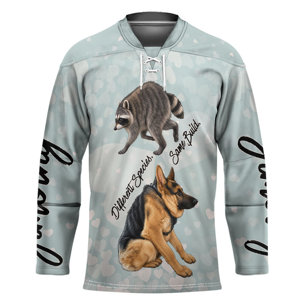 Jimothy The Raccoon And Dogs Hockey Jersey Different Species Same Build Inspirational Heart