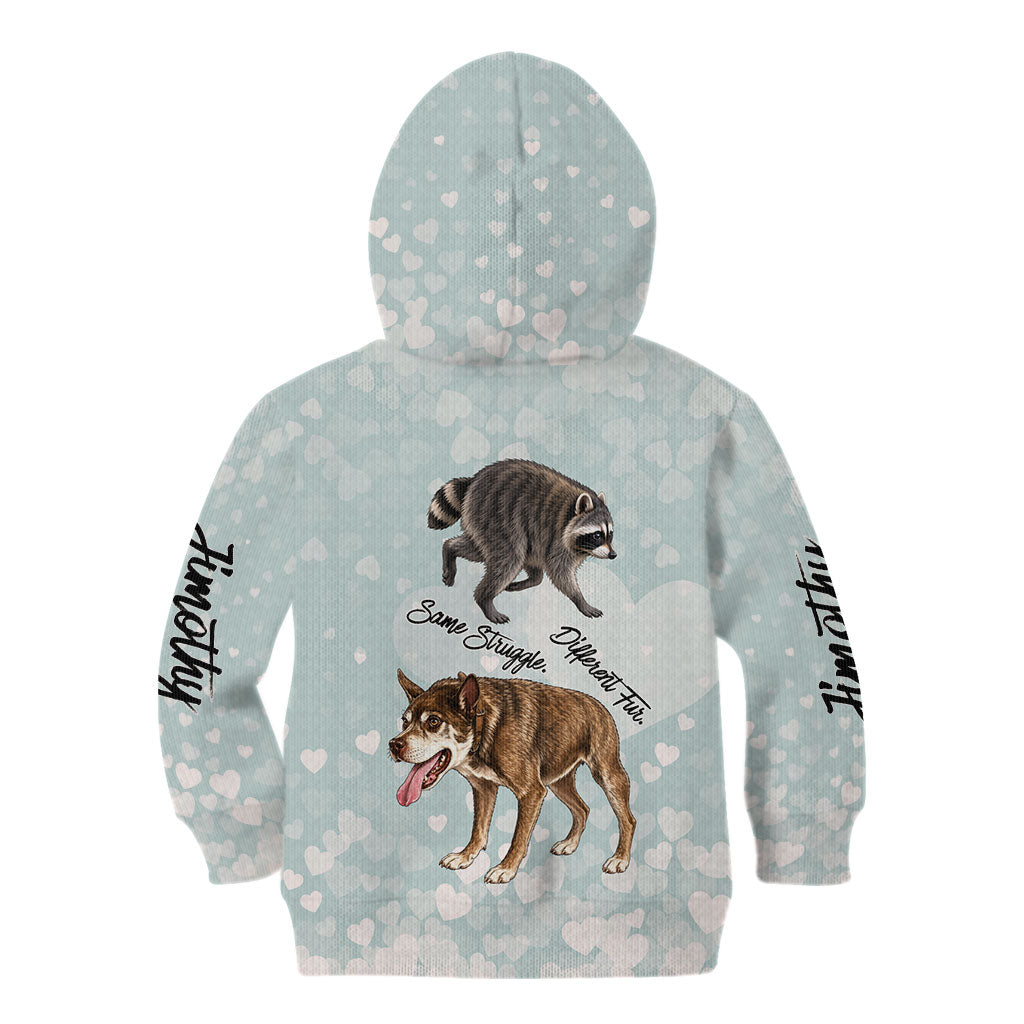 Jimothy The Raccoon And Dogs Kid Hoodie Different Species Same Build Inspirational Heart