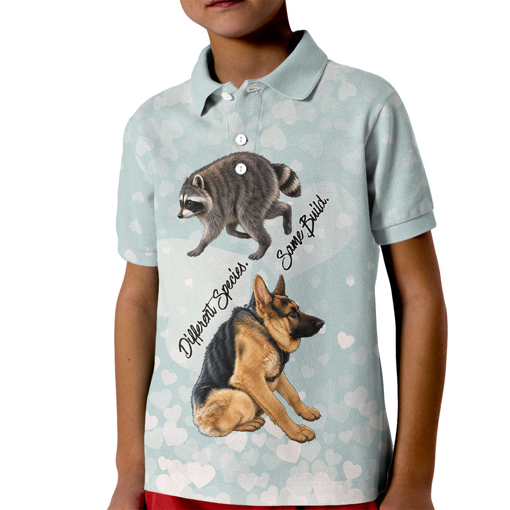 Jimothy The Raccoon And Dogs Kid Polo Shirt Different Species Same Build Inspirational Heart