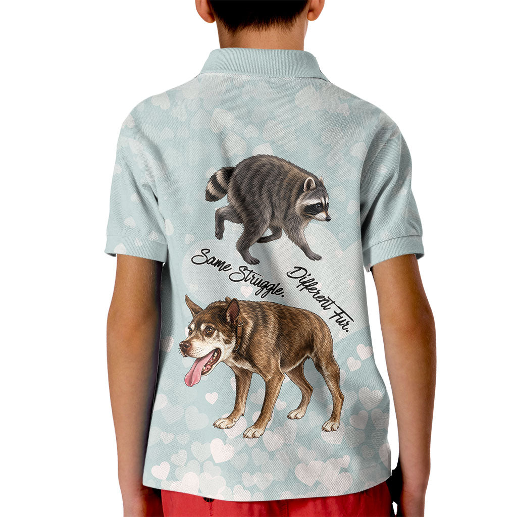 Jimothy The Raccoon And Dogs Kid Polo Shirt Different Species Same Build Inspirational Heart