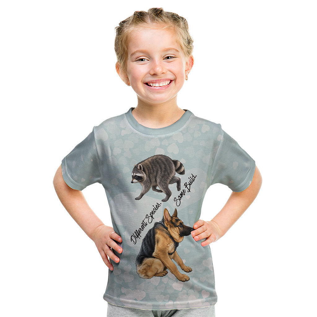 Jimothy The Raccoon And Dogs Kid T Shirt Different Species Same Build Inspirational Heart