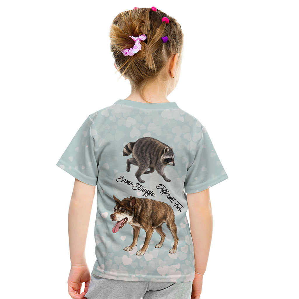 Jimothy The Raccoon And Dogs Kid T Shirt Different Species Same Build Inspirational Heart