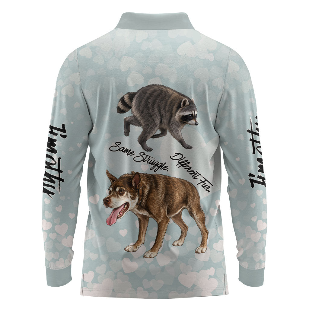 Jimothy The Raccoon And Dogs Long Sleeve Polo Shirt Different Species Same Build Inspirational Heart