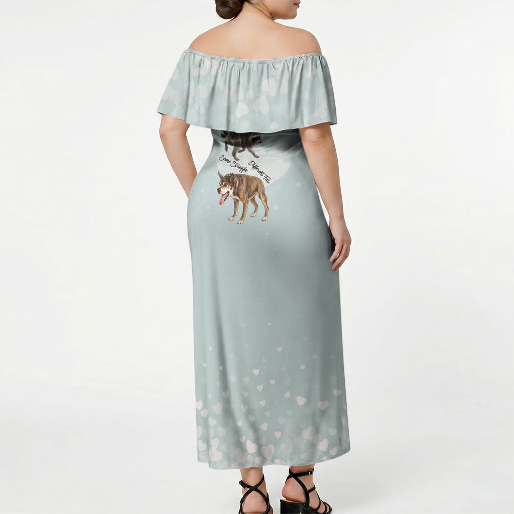 Jimothy The Raccoon And Dogs Off Shoulder Maxi Dress Different Species Same Build Inspirational Heart