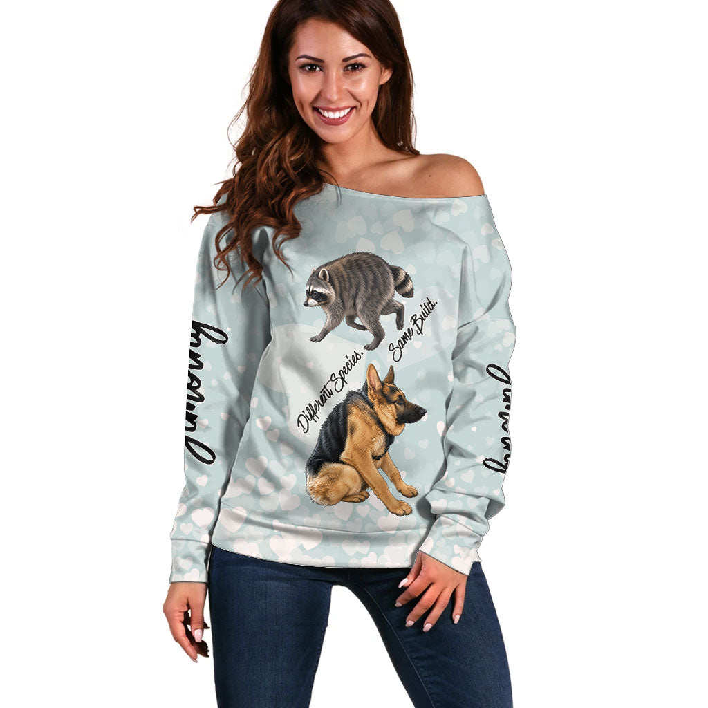 Jimothy The Raccoon And Dogs Off Shoulder Sweater Different Species Same Build Inspirational Heart