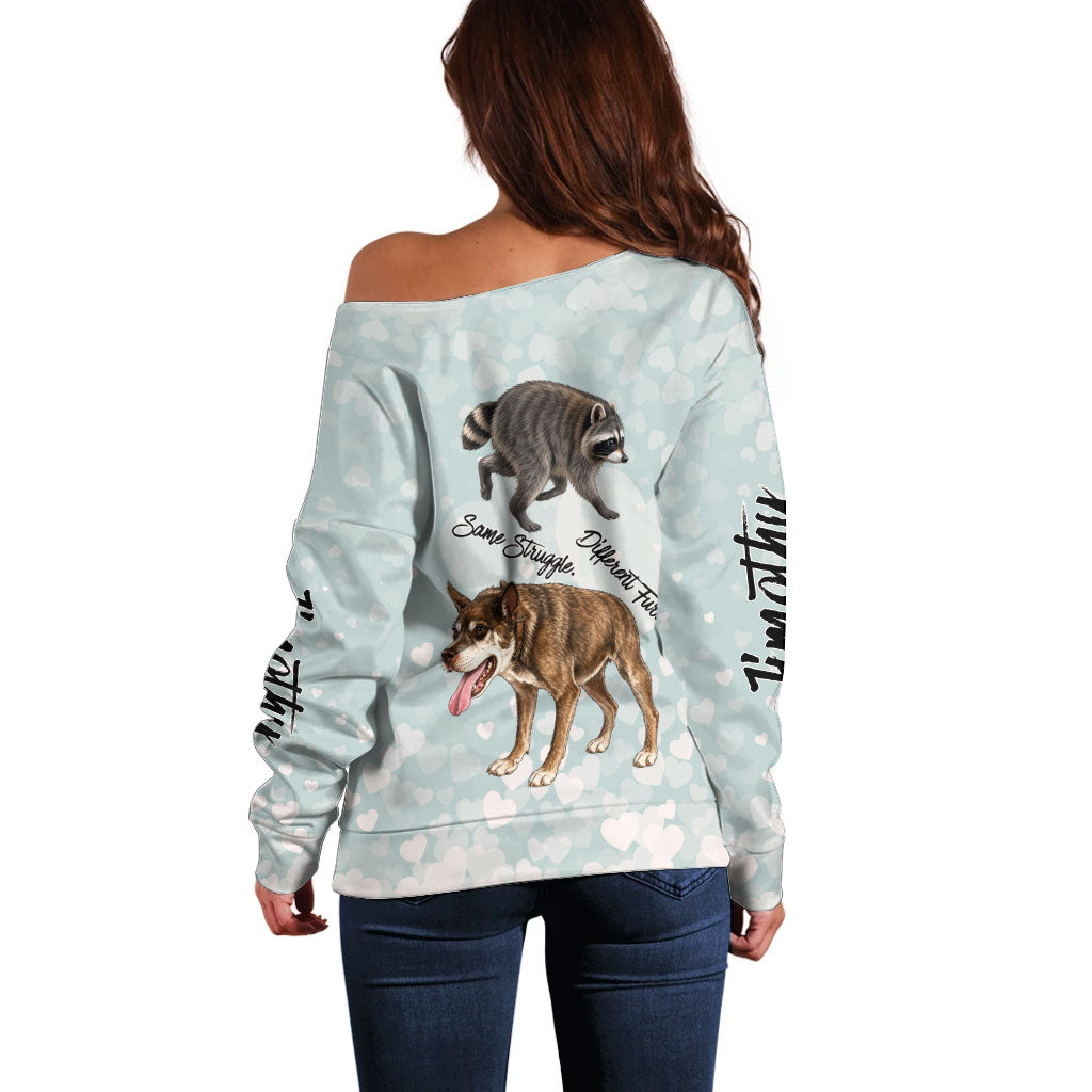 Jimothy The Raccoon And Dogs Off Shoulder Sweater Different Species Same Build Inspirational Heart