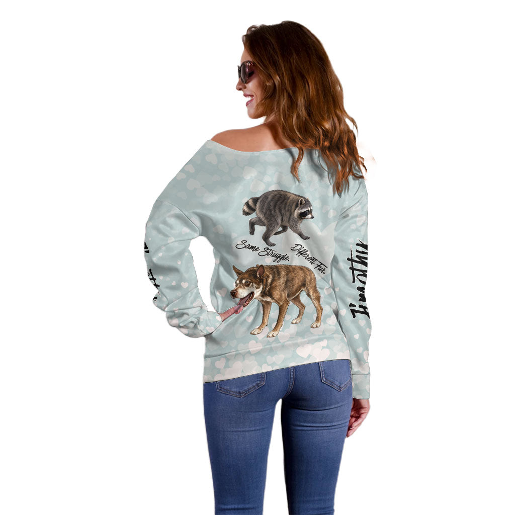 Jimothy The Raccoon And Dogs Off Shoulder Sweater Different Species Same Build Inspirational Heart