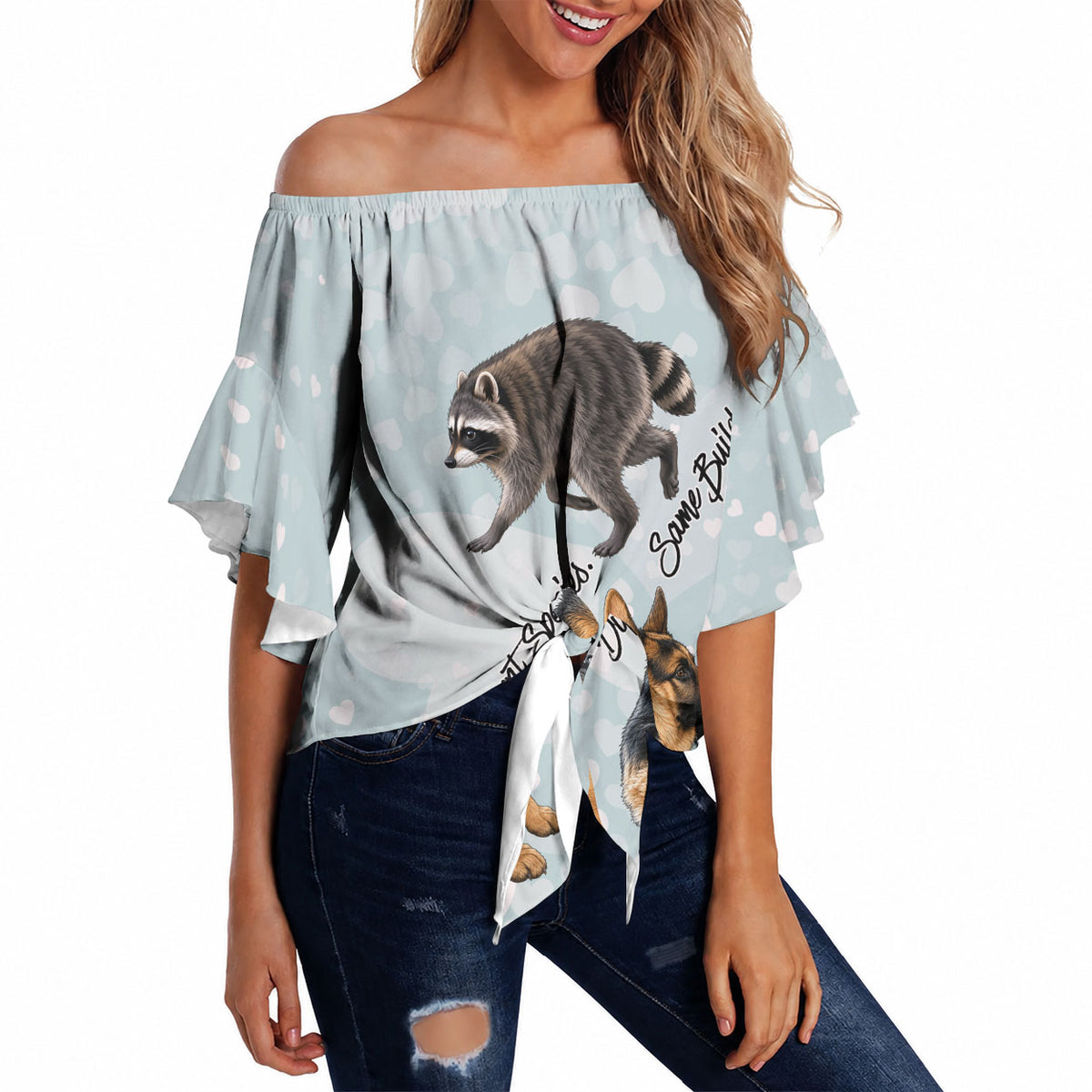 Jimothy The Raccoon And Dogs Off Shoulder Wrap Waist Top Different Species Same Build Inspirational Heart