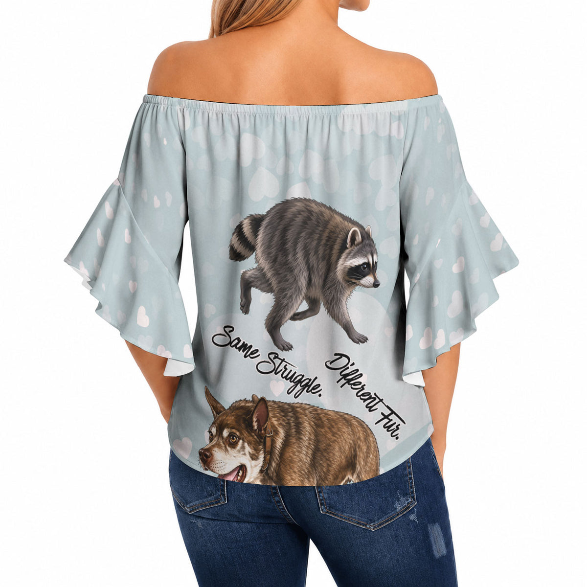 Jimothy The Raccoon And Dogs Off Shoulder Wrap Waist Top Different Species Same Build Inspirational Heart