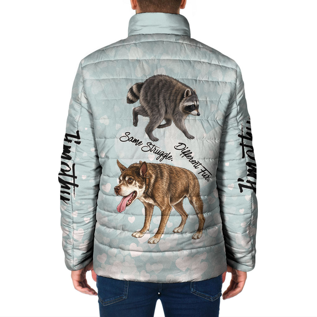 Jimothy The Raccoon And Dogs Padded Jacket Different Species Same Build Inspirational Heart
