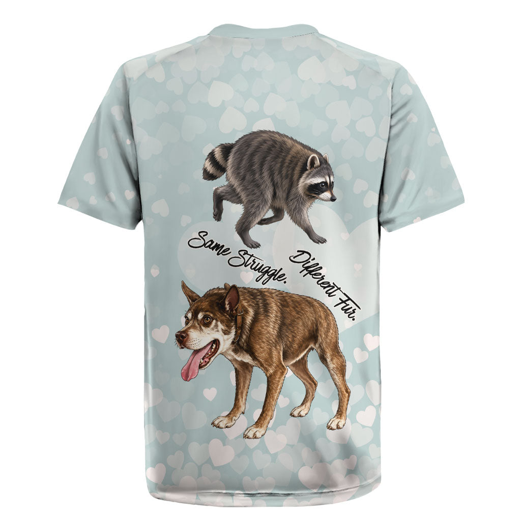 Jimothy The Raccoon And Dogs Rugby Jersey Different Species Same Build Inspirational Heart