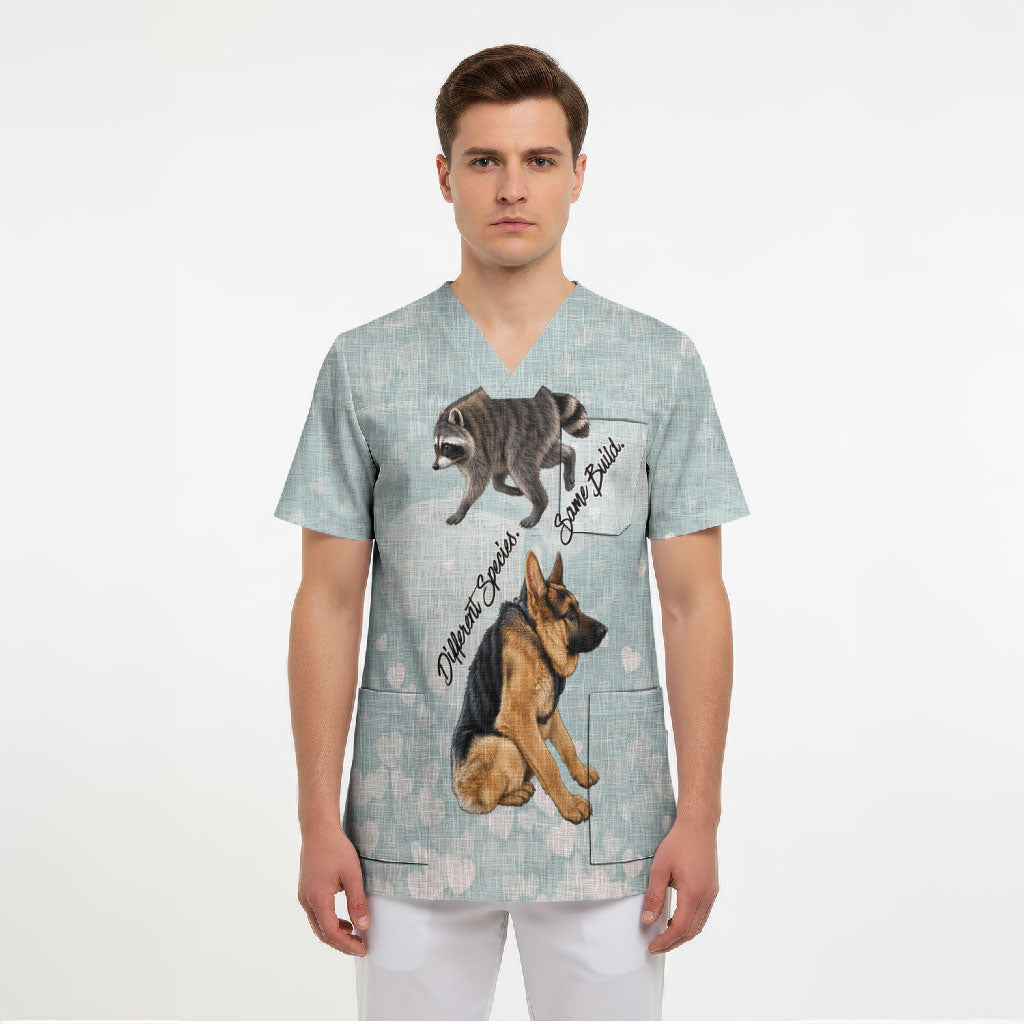 Jimothy The Raccoon And Dogs Scrub Top Different Species Same Build Inspirational Heart
