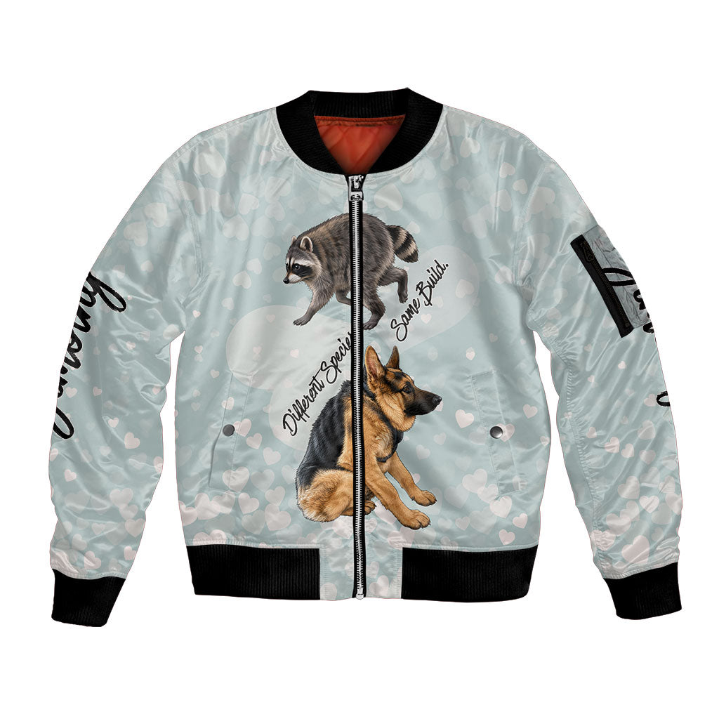 Jimothy The Raccoon And Dogs Sleeve Zip Bomber Jacket Different Species Same Build Inspirational Heart