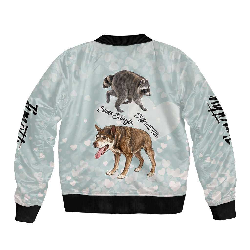Jimothy The Raccoon And Dogs Sleeve Zip Bomber Jacket Different Species Same Build Inspirational Heart
