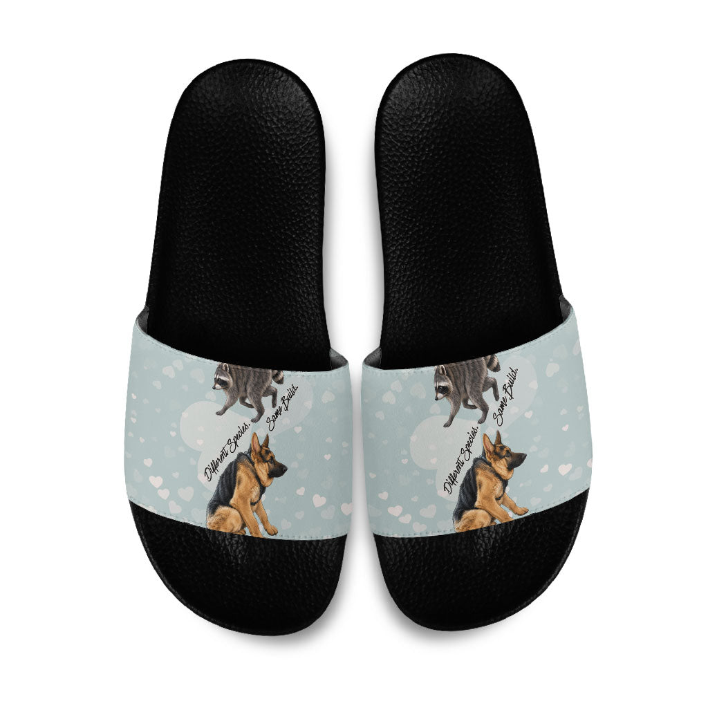 Jimothy The Raccoon And Dogs Slide Sandals Different Species Same Build Inspirational Heart