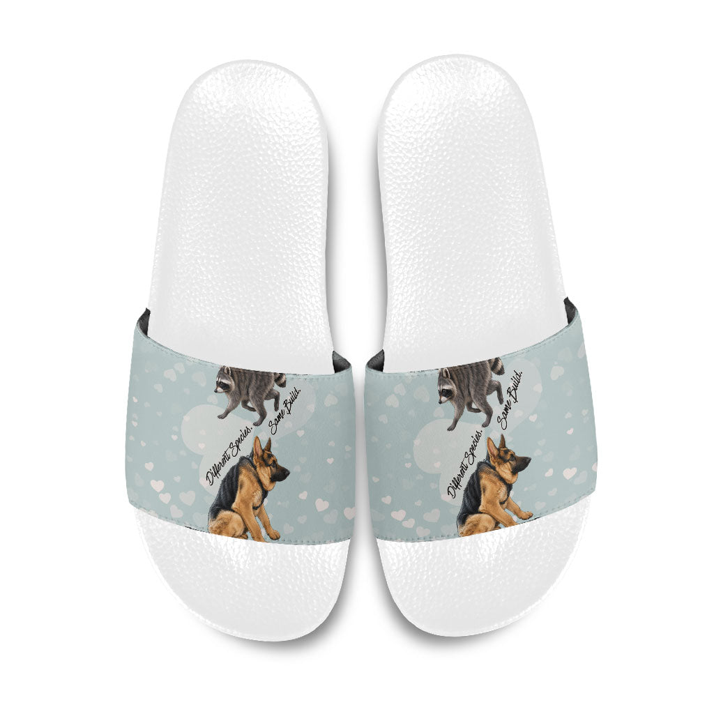Jimothy The Raccoon And Dogs Slide Sandals Different Species Same Build Inspirational Heart