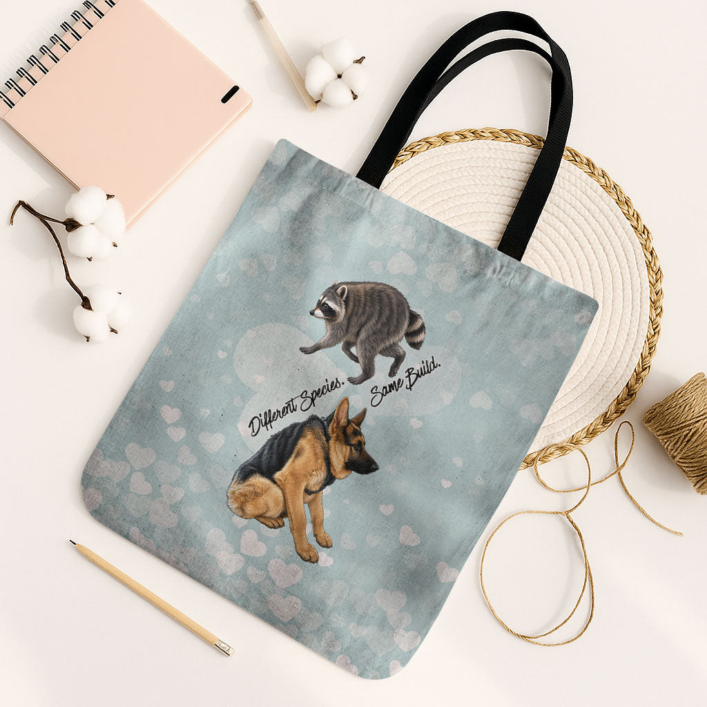 Jimothy The Raccoon And Dogs Tote Bag Different Species Same Build Inspirational Heart
