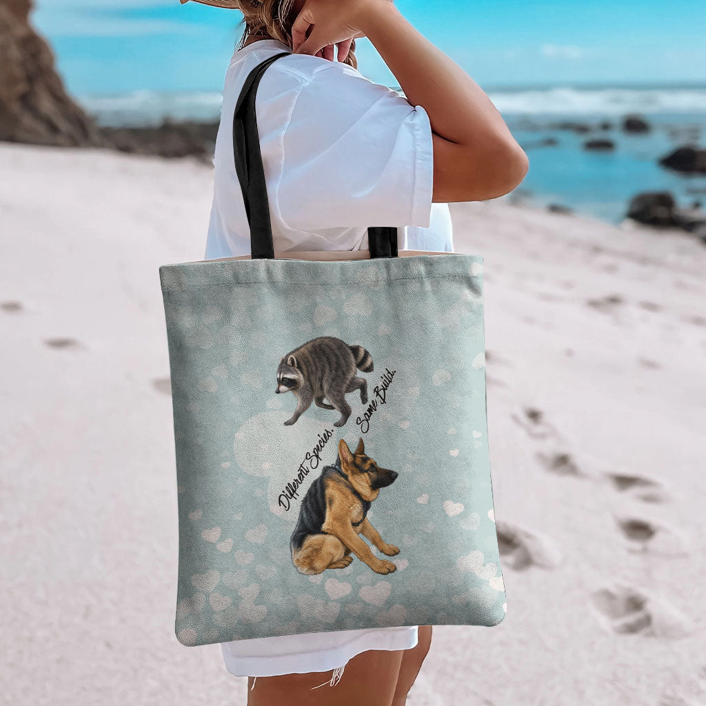 Jimothy The Raccoon And Dogs Tote Bag Different Species Same Build Inspirational Heart