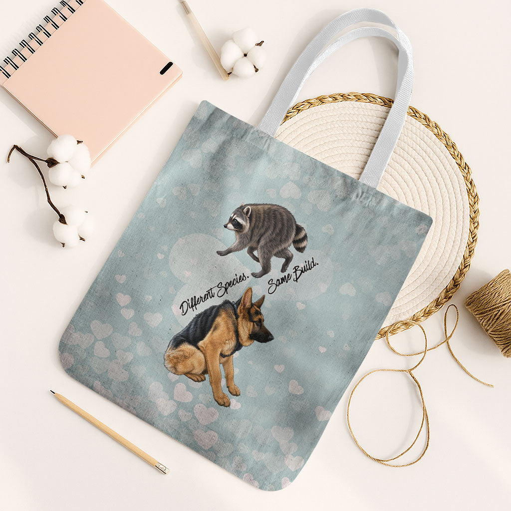 Jimothy The Raccoon And Dogs Tote Bag Different Species Same Build Inspirational Heart
