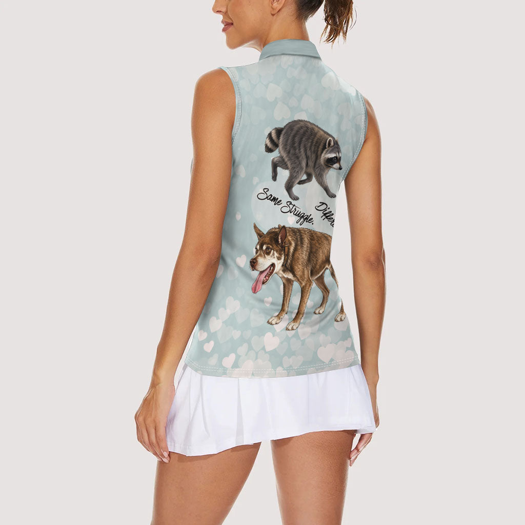 Jimothy The Raccoon And Dogs Women Sleeveless Polo Shirt Different Species Same Build Inspirational Heart