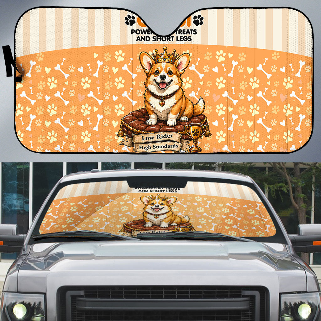 Corgi Powered By Treats And Short Legs Auto Sun Shade Royal Crown Low Rider Funny Dog Quote Paw
