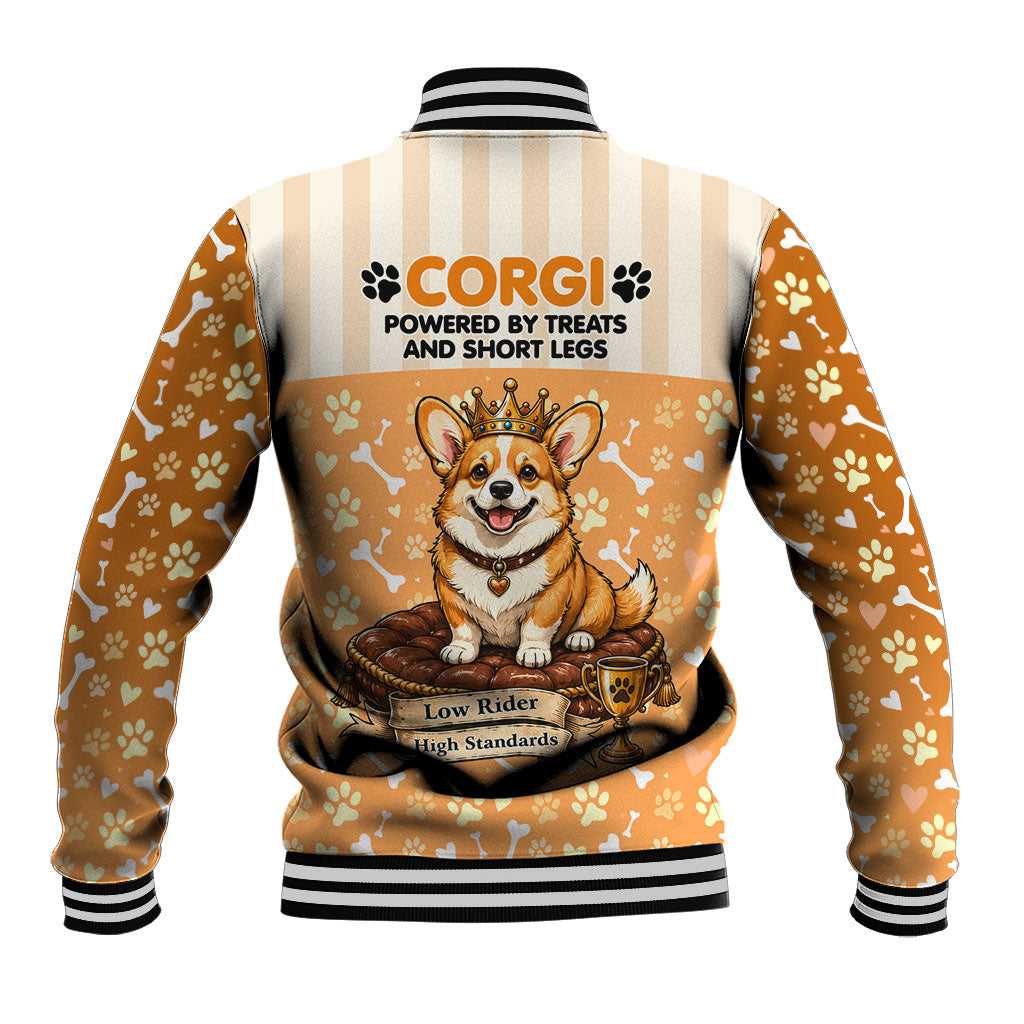 Corgi Powered By Treats And Short Legs Baseball Jacket Royal Crown Low Rider Funny Dog Quote Paw