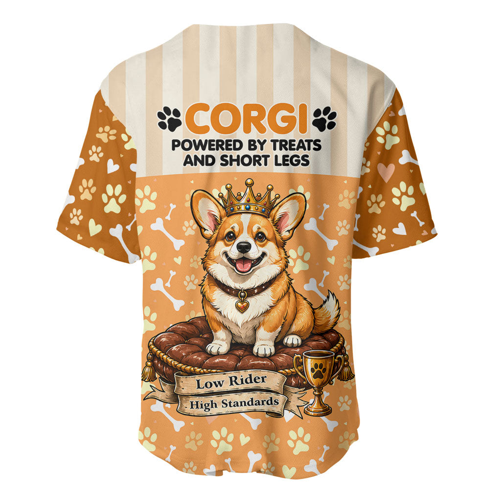 Corgi Powered By Treats And Short Legs Baseball Jersey Royal Crown Low Rider Funny Dog Quote Paw