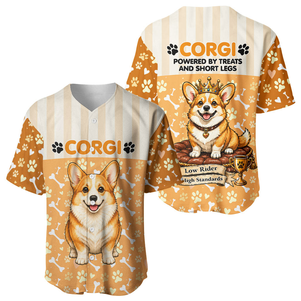 Corgi Powered By Treats And Short Legs Baseball Jersey Royal Crown Low Rider Funny Dog Quote Paw