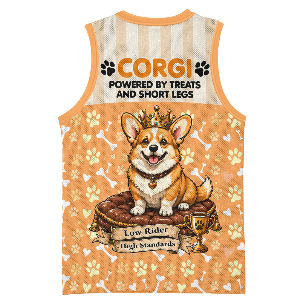 Corgi Powered By Treats And Short Legs Basketball Jersey Royal Crown Low Rider Funny Dog Quote Paw