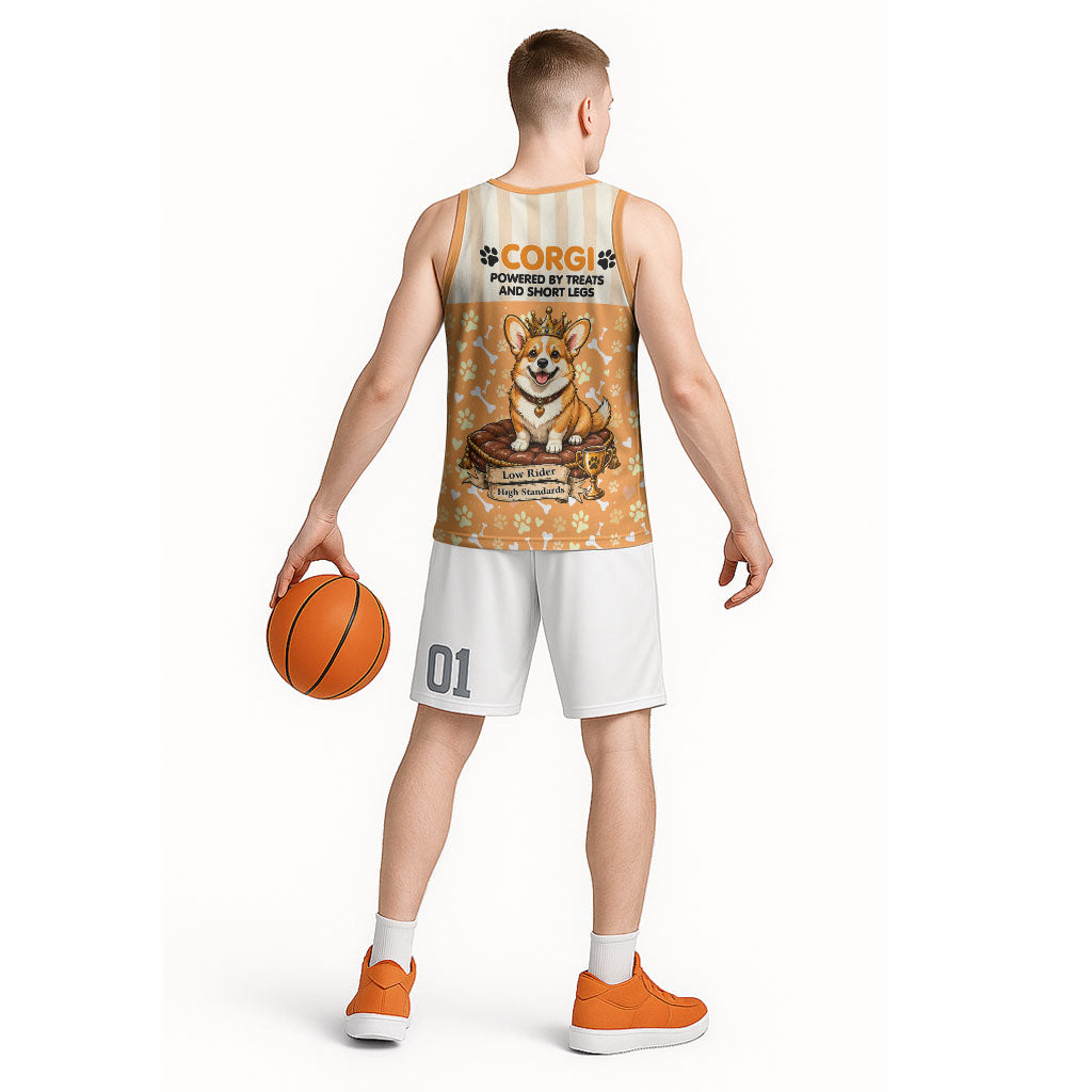Corgi Powered By Treats And Short Legs Basketball Jersey Royal Crown Low Rider Funny Dog Quote Paw