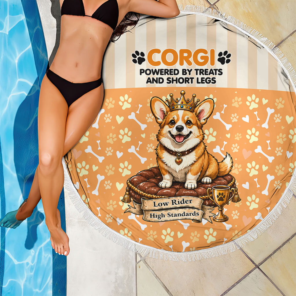 Corgi Powered By Treats And Short Legs Beach Blanket Royal Crown Low Rider Funny Dog Quote Paw
