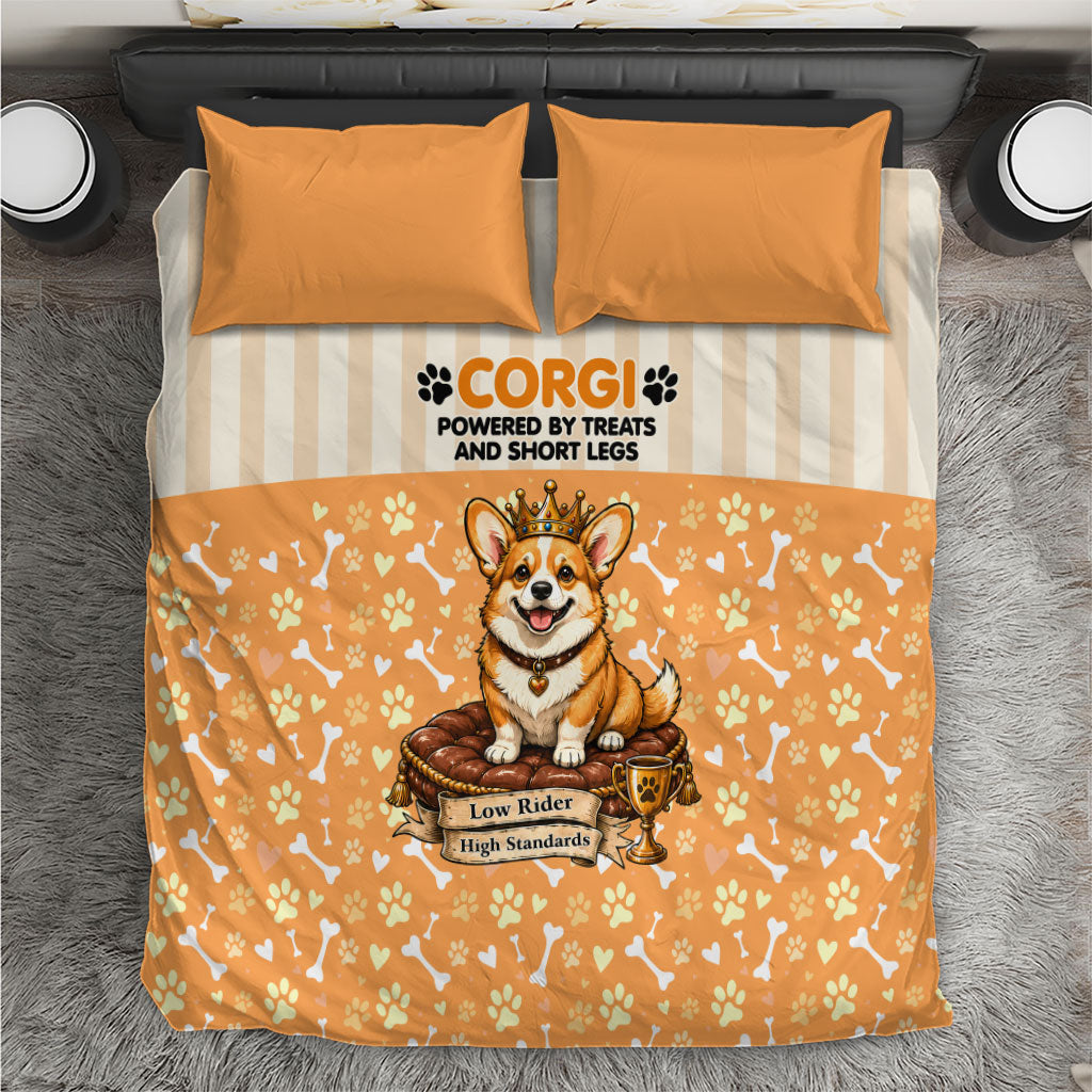 Corgi Powered By Treats And Short Legs Bedding Set Royal Crown Low Rider Funny Dog Quote Paw