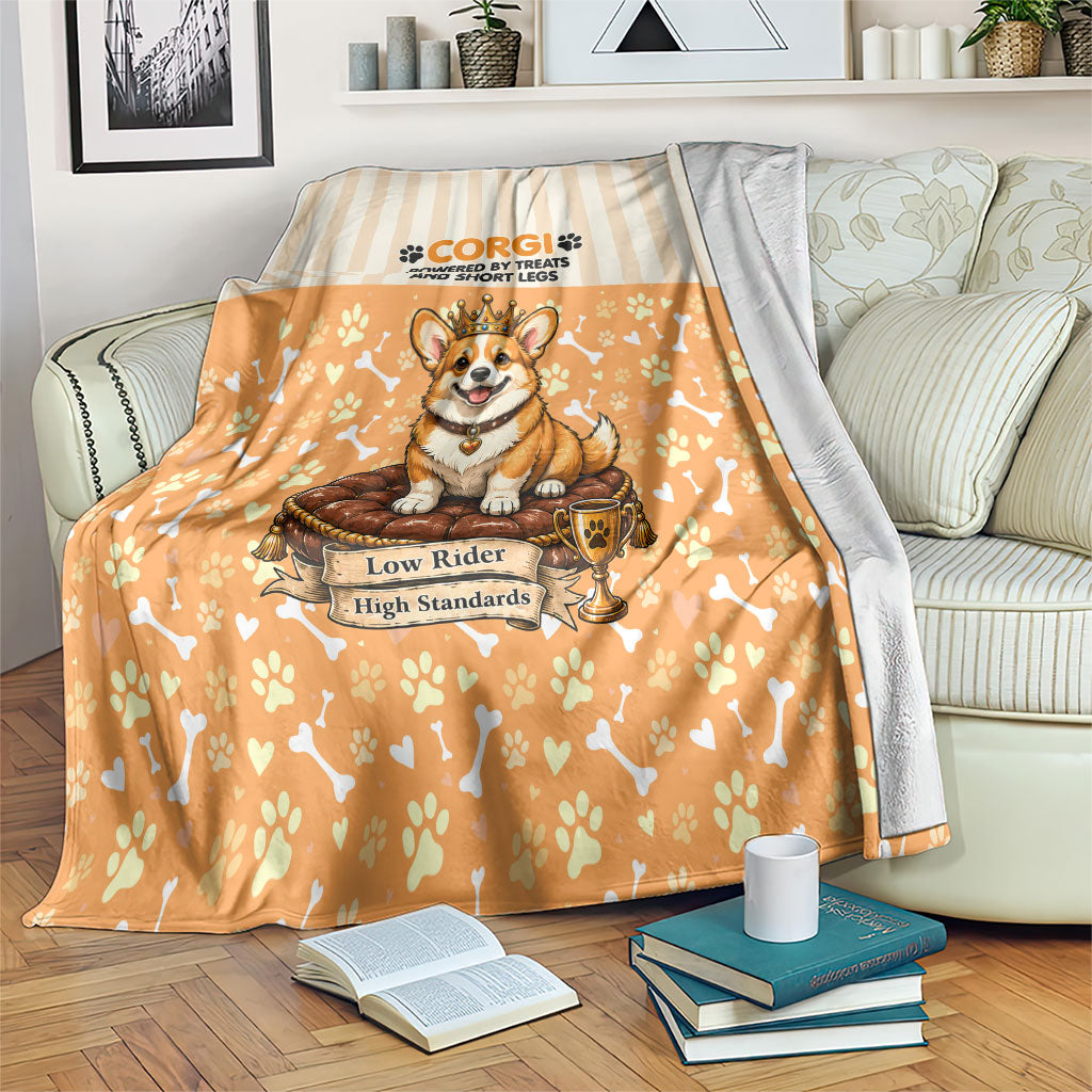 Corgi Powered By Treats And Short Legs Blanket Royal Crown Low Rider Funny Dog Quote Paw