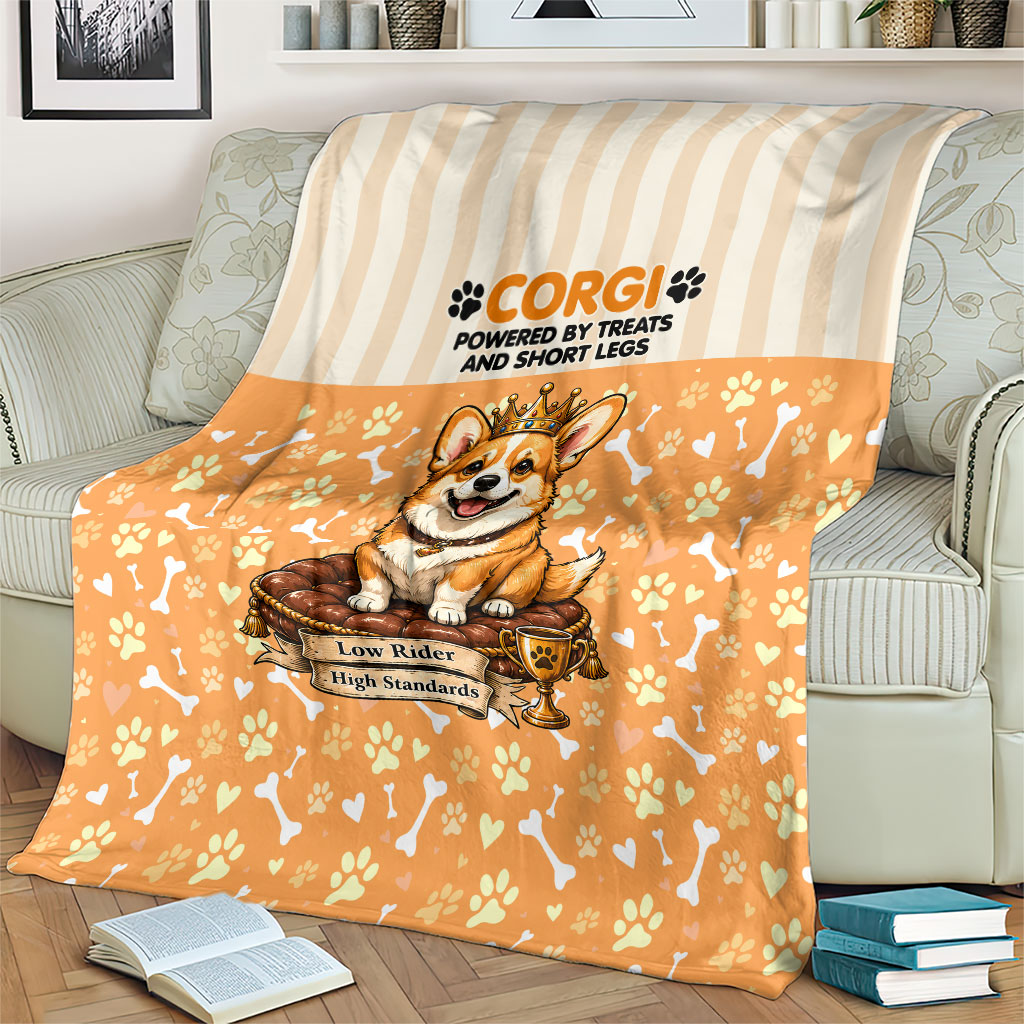 Corgi Powered By Treats And Short Legs Blanket Royal Crown Low Rider Funny Dog Quote Paw