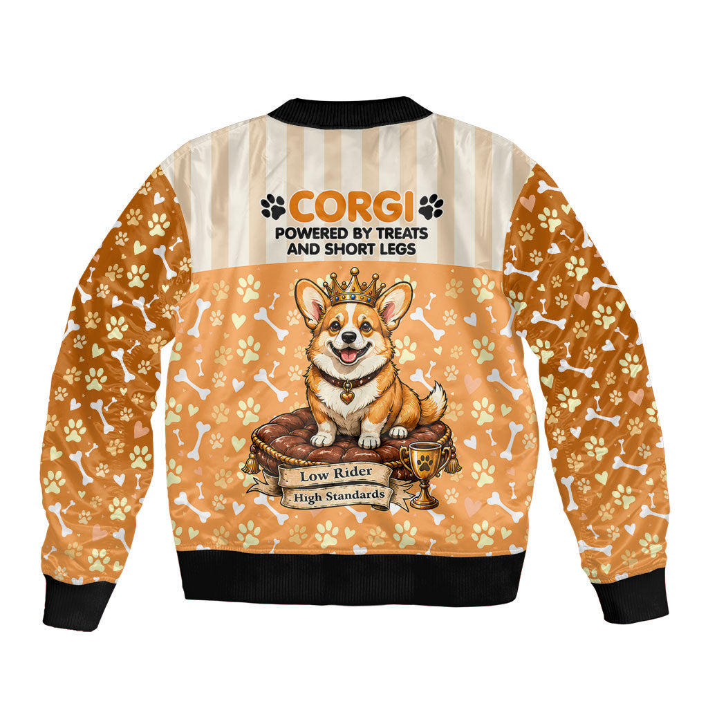 Corgi Powered By Treats And Short Legs Bomber Jacket Royal Crown Low Rider Funny Dog Quote Paw
