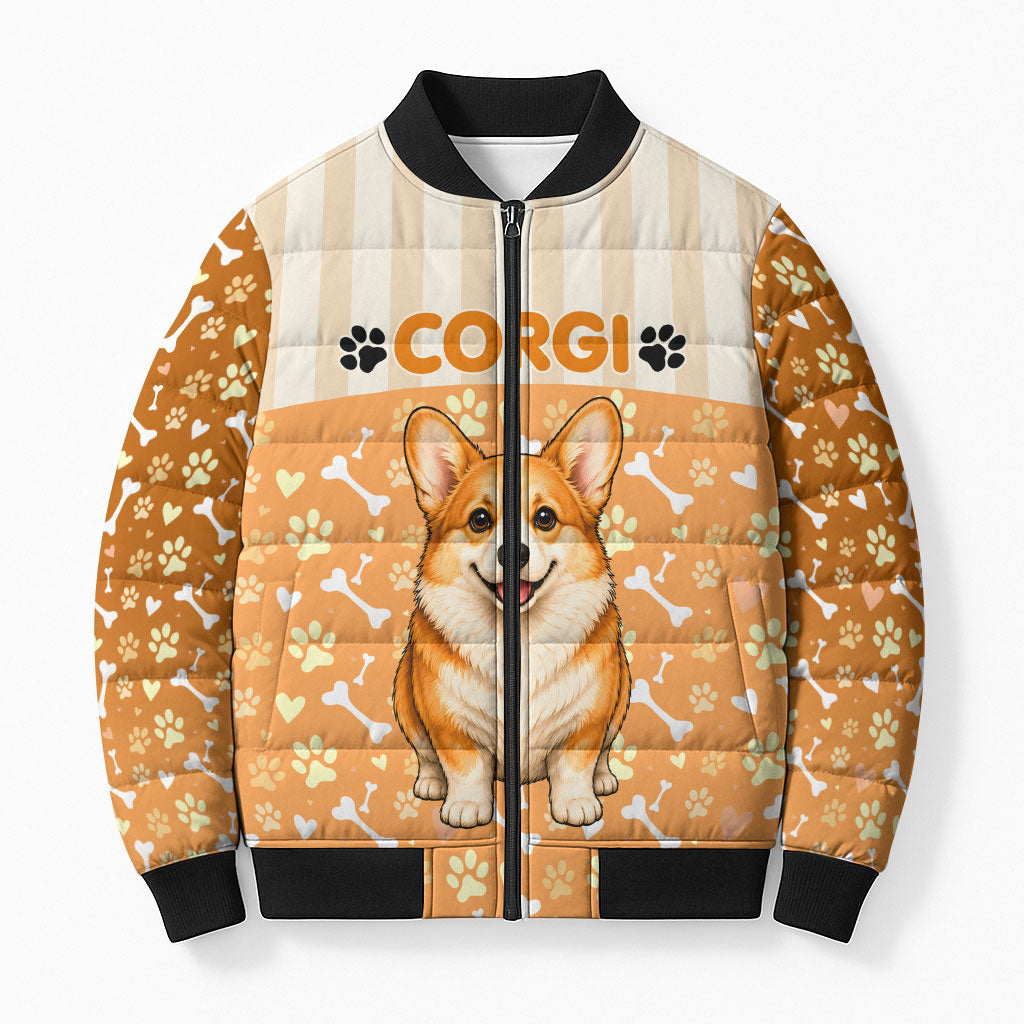Corgi Powered By Treats And Short Legs Bomber Puffer Jacket Royal Crown Low Rider Funny Dog Quote Paw