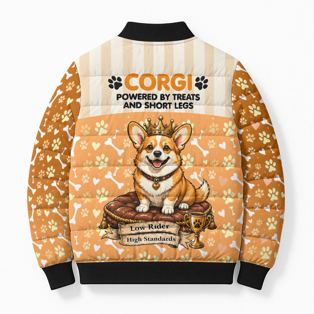 Corgi Powered By Treats And Short Legs Bomber Puffer Jacket Royal Crown Low Rider Funny Dog Quote Paw