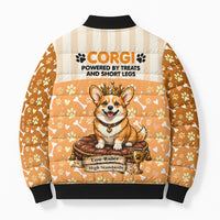 Corgi Powered By Treats And Short Legs Bomber Puffer Jacket Royal Crown Low Rider Funny Dog Quote Paw