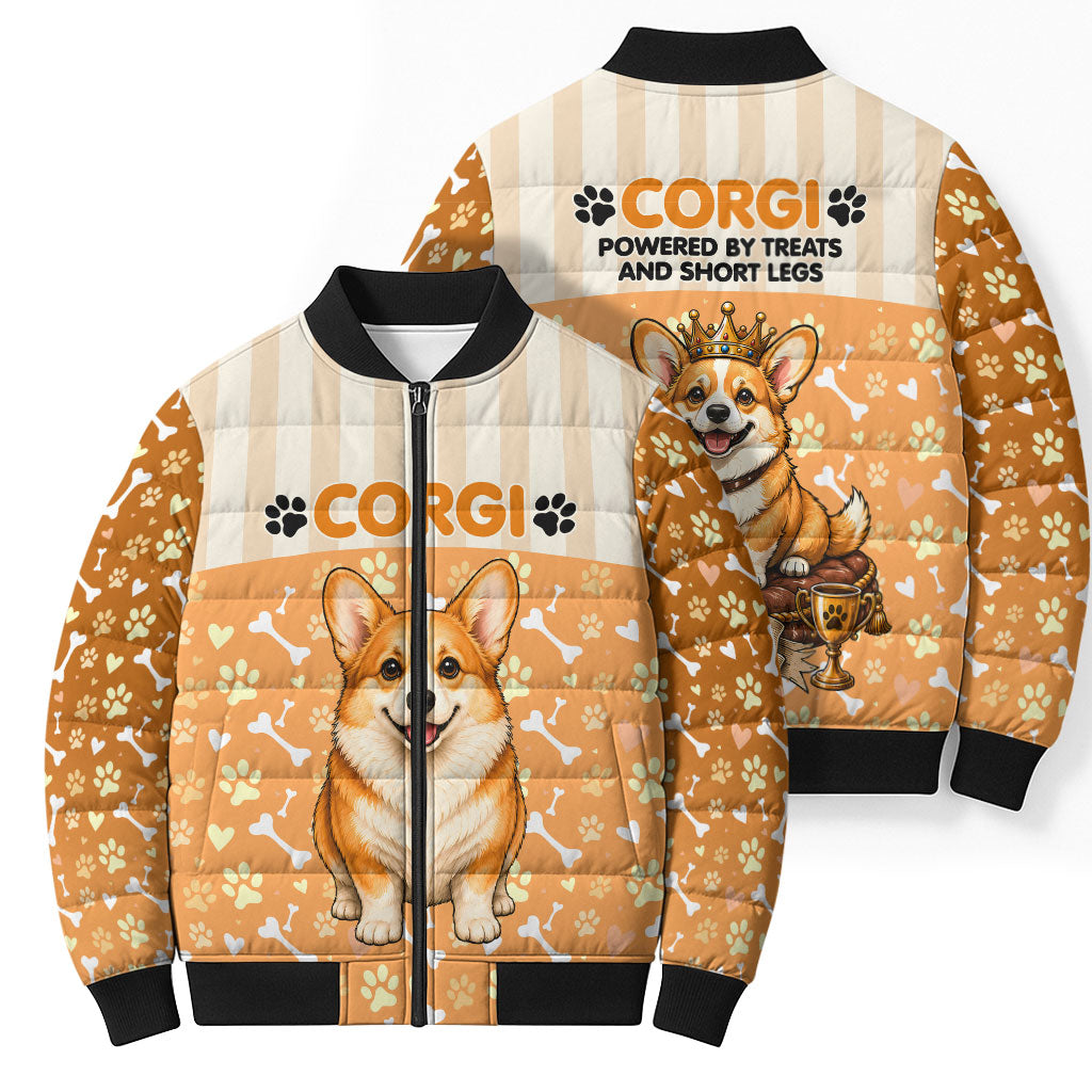 Corgi Powered By Treats And Short Legs Bomber Puffer Jacket Royal Crown Low Rider Funny Dog Quote Paw