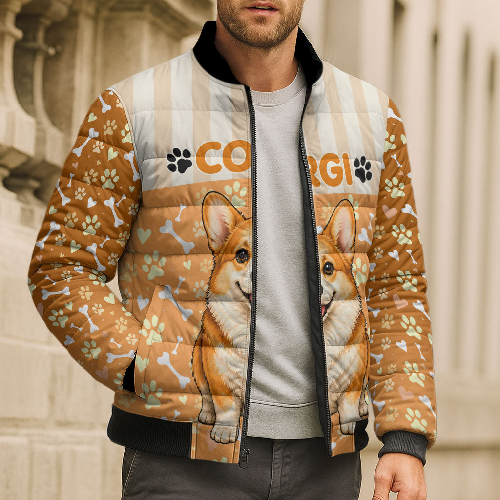 Corgi Powered By Treats And Short Legs Bomber Puffer Jacket Royal Crown Low Rider Funny Dog Quote Paw