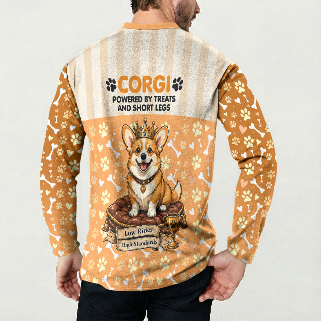 Corgi Powered By Treats And Short Legs Button Sweatshirt Royal Crown Low Rider Funny Dog Quote Paw