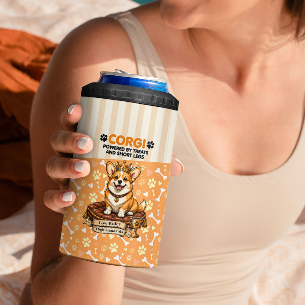 Corgi Powered By Treats And Short Legs 4 in 1 Can Cooler Tumbler Royal Crown Low Rider Funny Dog Quote Paw