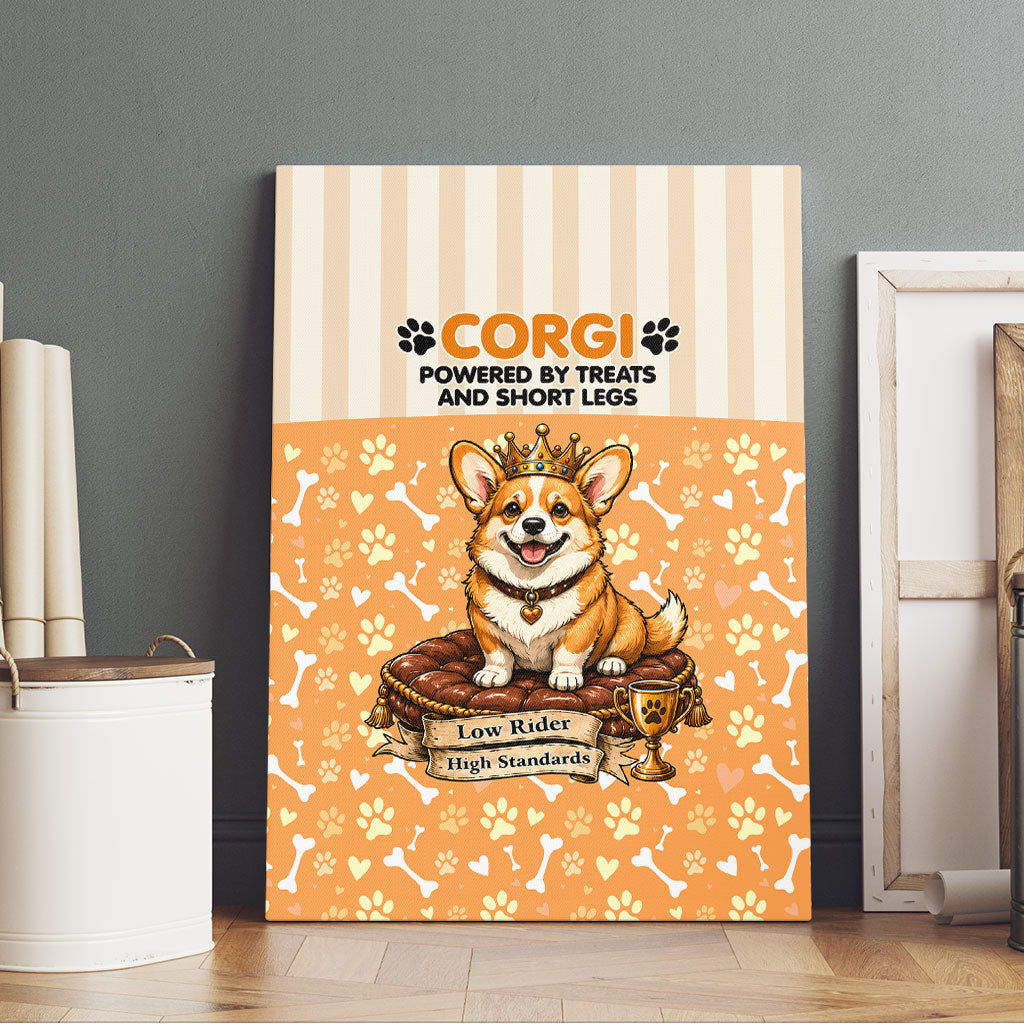 Corgi Powered By Treats And Short Legs Canvas Wall Art Royal Crown Low Rider Funny Dog Quote Paw