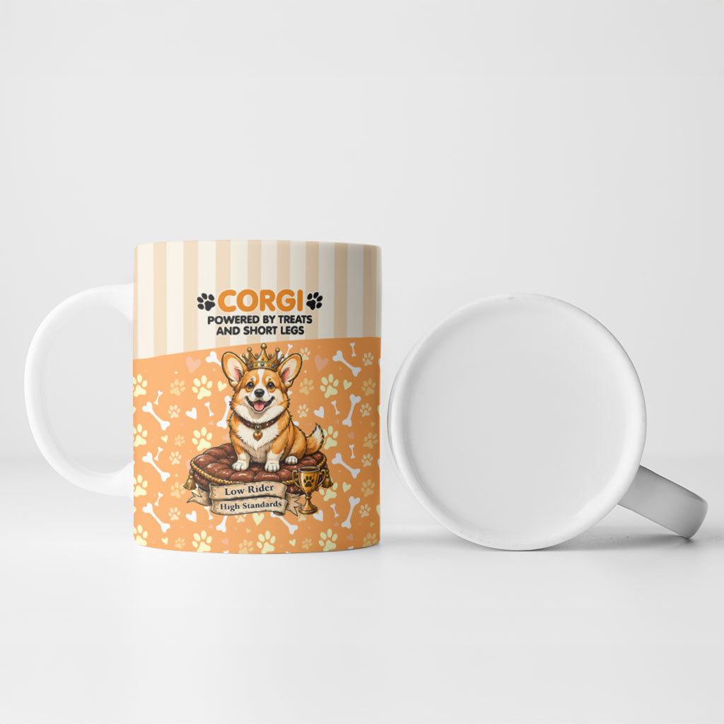 Corgi Powered By Treats And Short Legs Ceramic Mug Royal Crown Low Rider Funny Dog Quote Paw