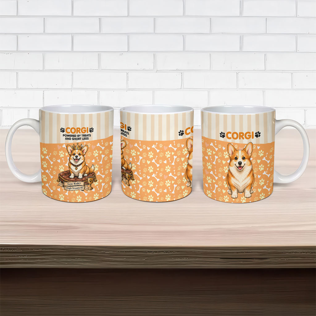 Corgi Powered By Treats And Short Legs Ceramic Mug Royal Crown Low Rider Funny Dog Quote Paw