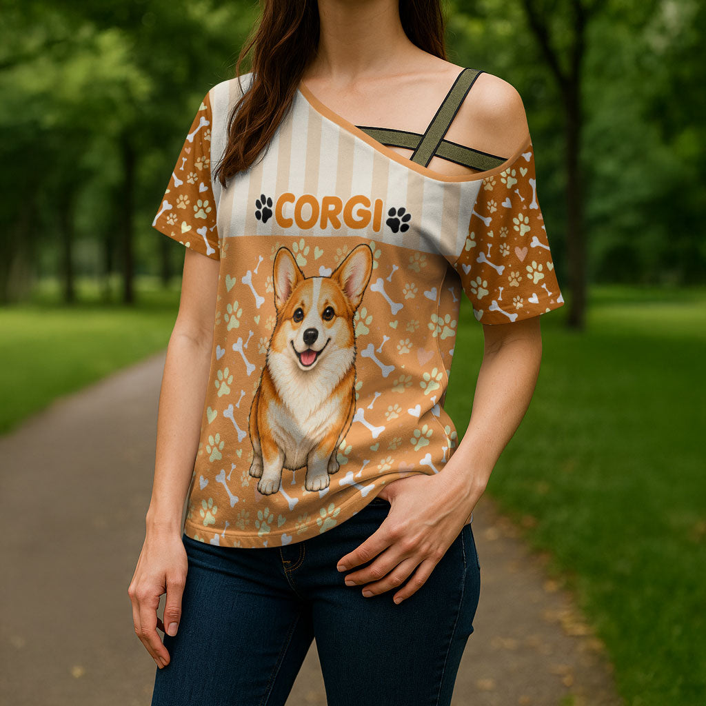 Corgi Powered By Treats And Short Legs Cross Shoulder Shirt Royal Crown Low Rider Funny Dog Quote Paw