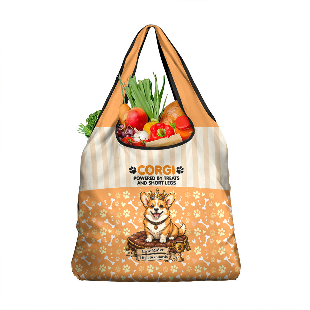 Corgi Powered By Treats And Short Legs Grocery Bag Royal Crown Low Rider Funny Dog Quote Paw