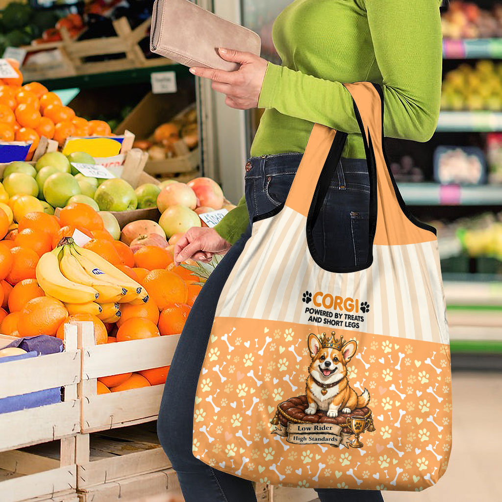 Corgi Powered By Treats And Short Legs Grocery Bag Royal Crown Low Rider Funny Dog Quote Paw