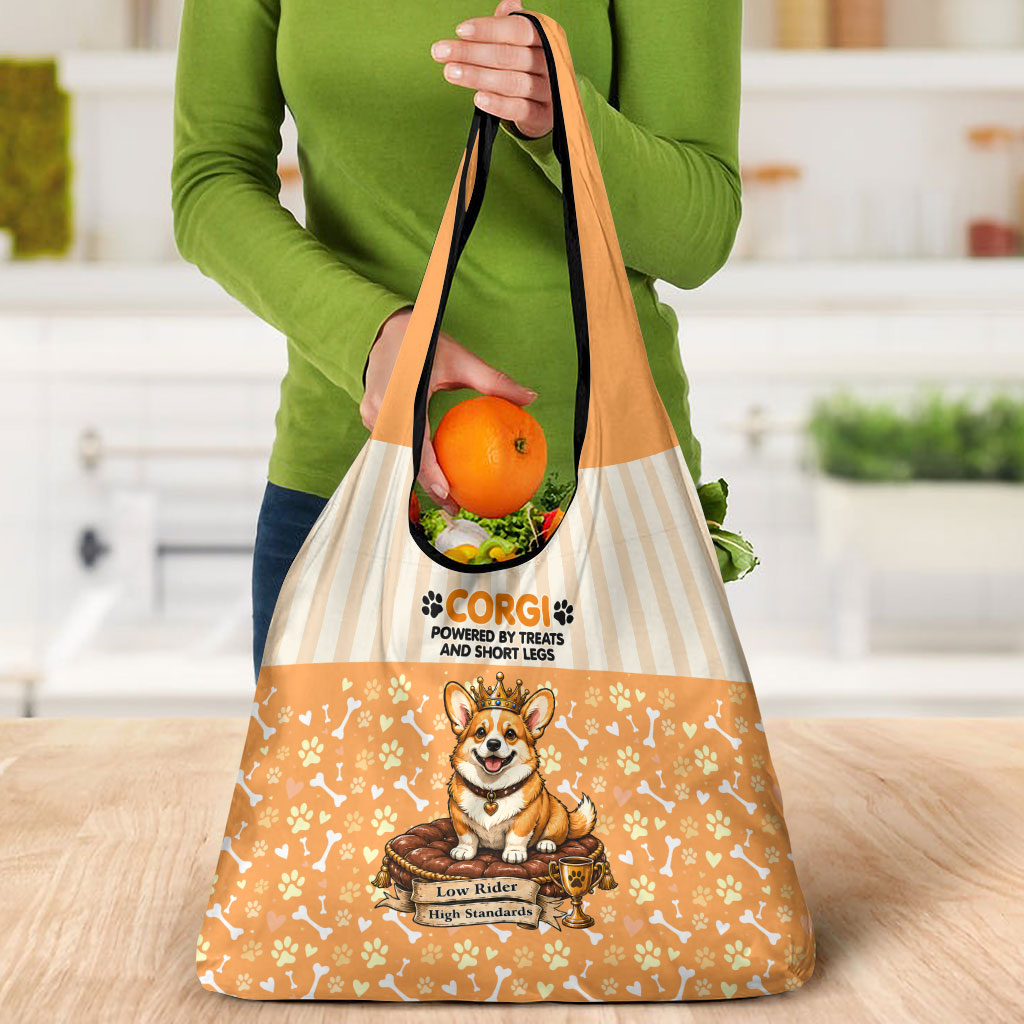 Corgi Powered By Treats And Short Legs Grocery Bag Royal Crown Low Rider Funny Dog Quote Paw